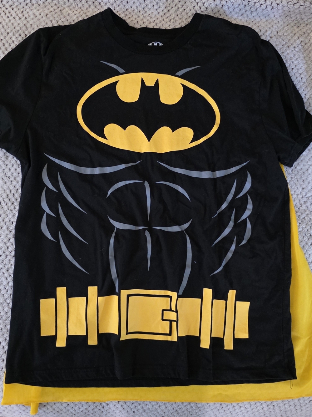 DC Black Tee with Yellow Batman Emblem and Printed Belt